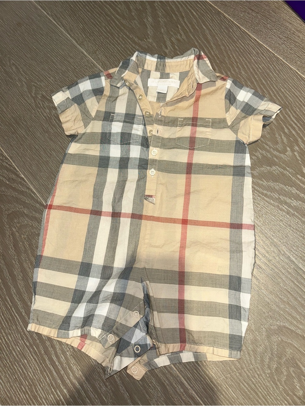 Burberry Checked Baby Shirt Romper in Beige, Gray & Red Accent